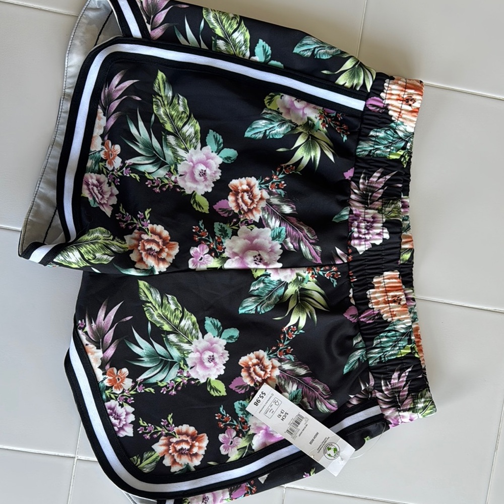 No Boundaries Black and Green Athletic Shorts Floral Design